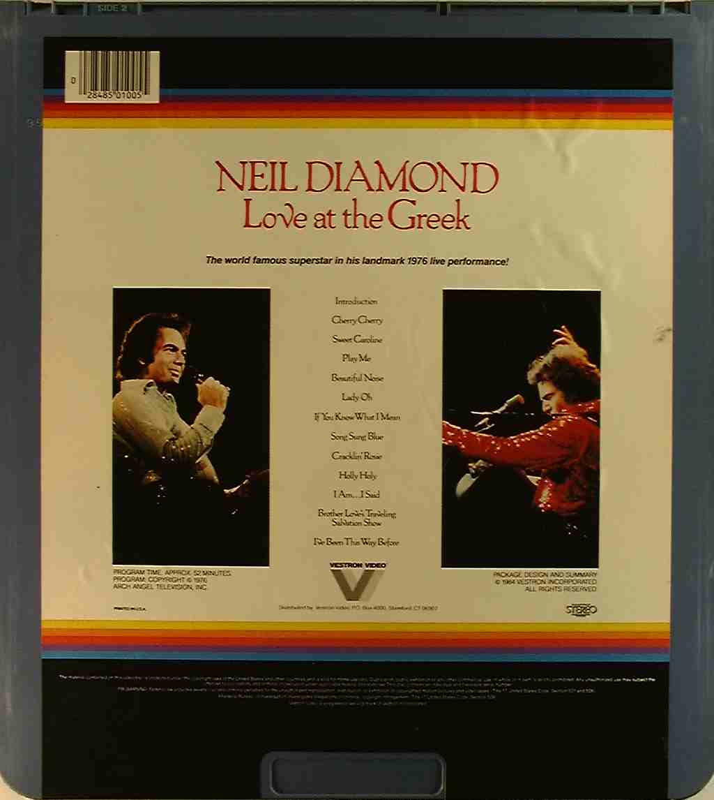 Neil Diamond: Love at the Greek* {28485010055} U - Side 2 - CED Title -  Blu-ray DVD Movie Precursor